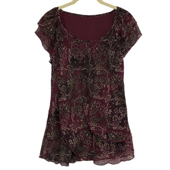 Burgundy Floral Chiffon flowy tunic scoop neck Short Sleeve Blouse size ~M - Picture 1 of 14